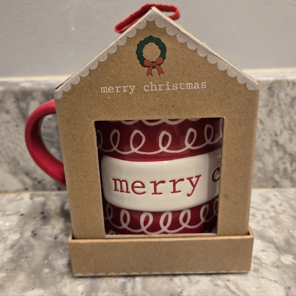 Mudpie "Merry Christmas" Red And White Mug In Gingerbread House Box